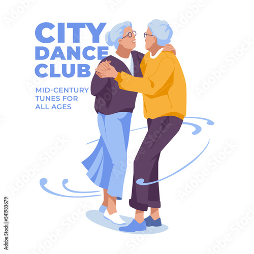 happy elderly couple dancing together. Advertisement of club dances. Isolated on white background vector flat illustration