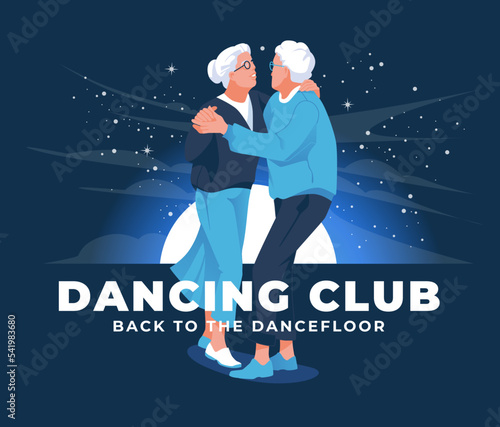 An elderly couple is dancing together against the background of a dark night and a big moon. Advertisement of a club event. vector flat illustration