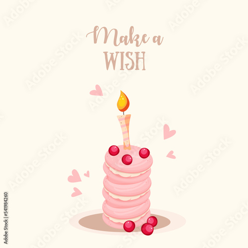 Happy Birthday Greeting Card. Postcard with macarons and candle for birthday wishes. Vector illustration, make a wish