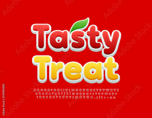 Vector colorful poster Tasty Treat. Bright red Font. Set of modern Alphabet Letters and Numbers set
