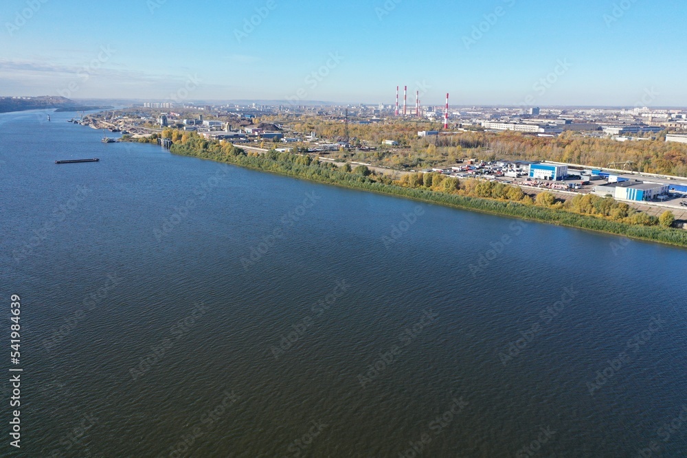 Aerial photography. Panoramic view of the river from above in autumn.