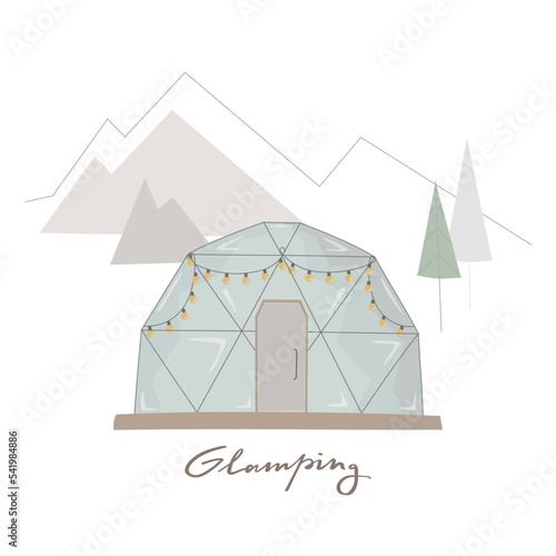 Simple flat vector glamping house with mountains, trees at the background. Bubble tipi with garland for web, stories about weekend trip