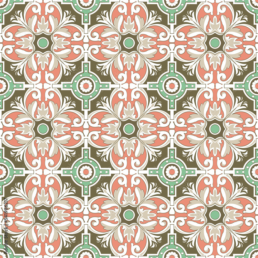 Seamless background image of vintage round spiral flower tile pattern.