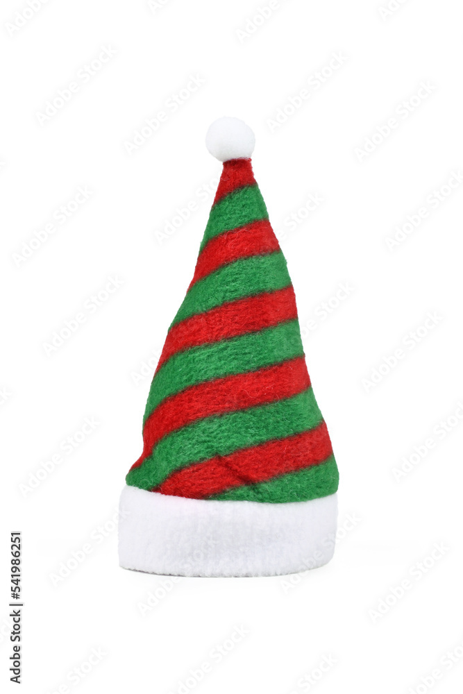 Green and red striped Santa hat on white background Green and red striped Santa hat on white background