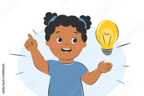 Cute kid girl thinking, child with idea, with lightbulb. Knowledge, creative thinking and education concept. Vector illustration