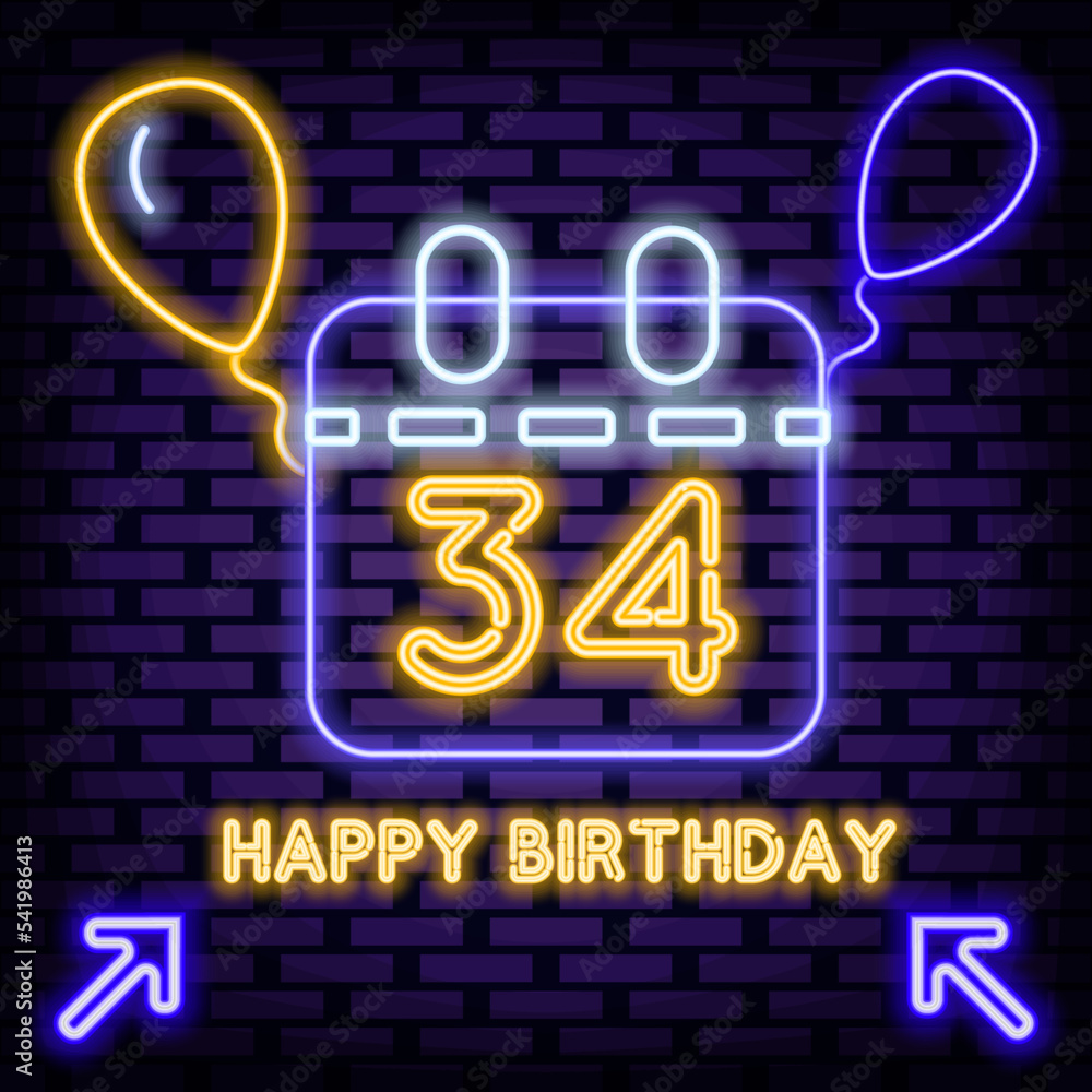 34th Happy Birthday 34 Year old Neon sign. Neon script. Light art. Bright colored vector. Vector Illustration 34th Happy Birthday 34 Year old Neon sign. Neon script. Light art. Bright colored vector. Vector Illustration