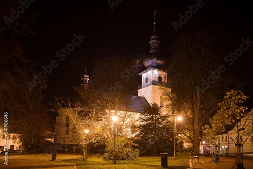 Night photograph, illuminated church of St. Kunhuta in the new town in Moravia, photo