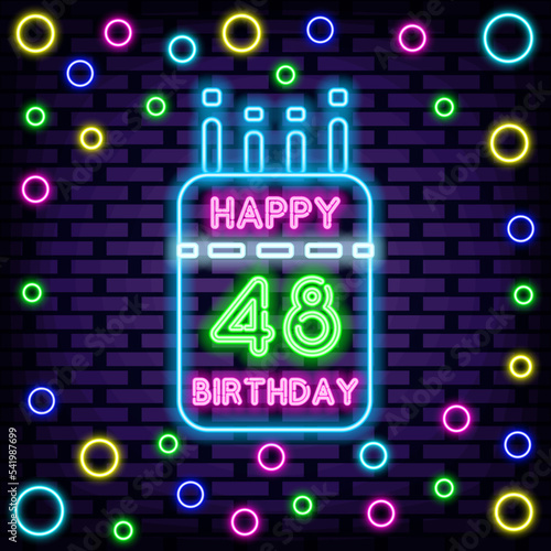 48th Happy Birthday 48 Year old Neon sign. Neon script. Announcement neon signboard. Modern trend design. Vector Illustration