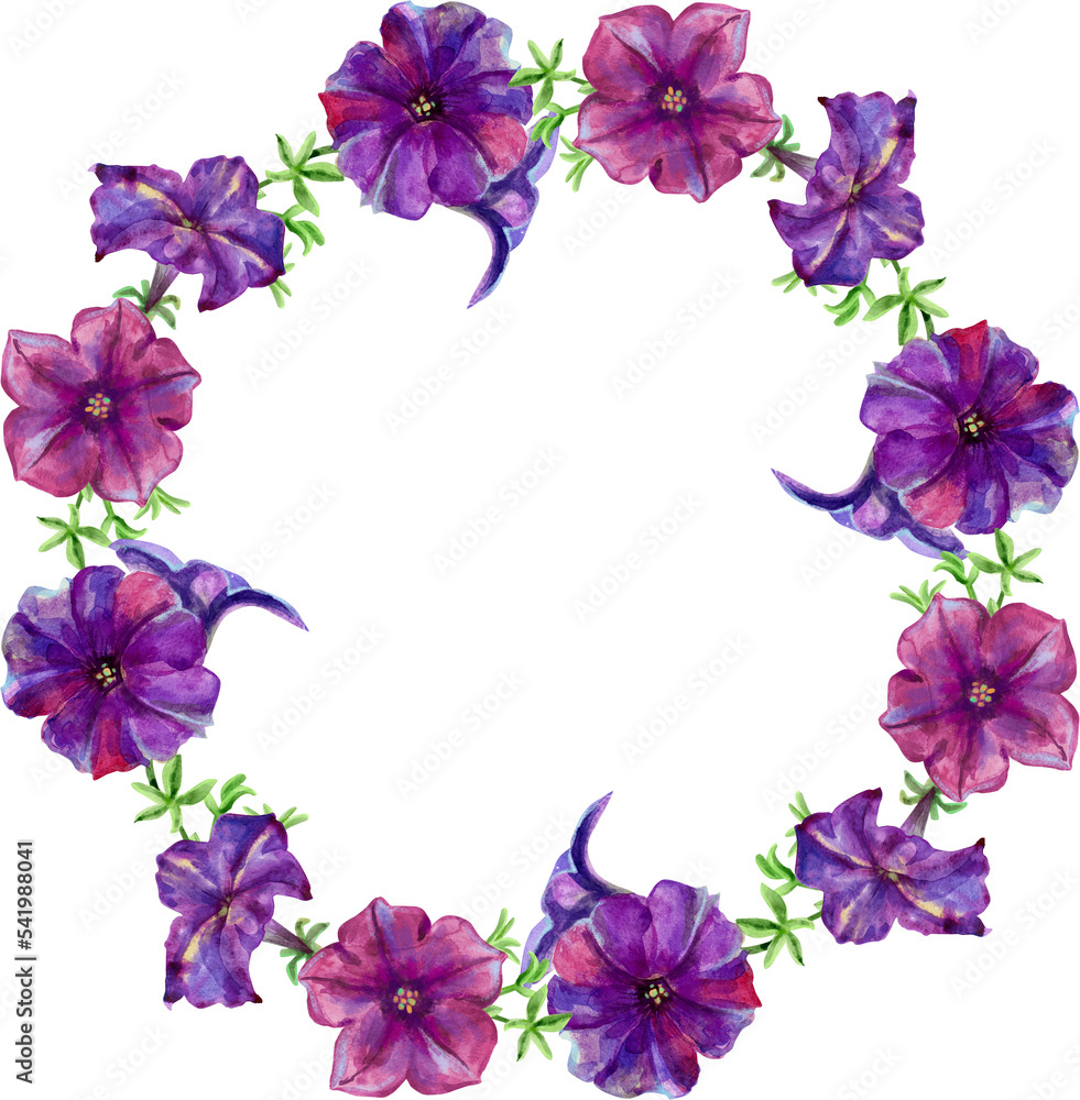 A wreath of petunia flowers. Watercolor illustration