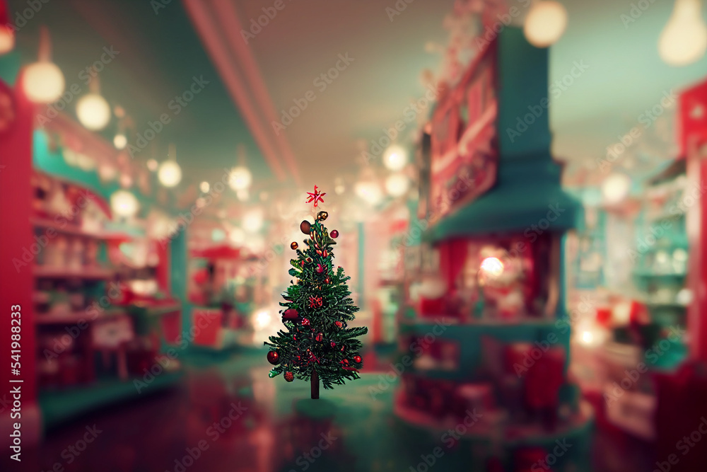 Christmas tree in a store, winter decor idea. Digital art.