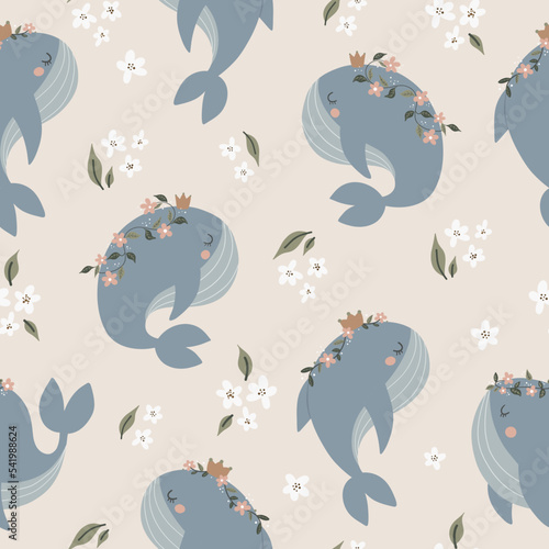 Seamless pattern with whales and flowers in Scandinavian style on a beige background. Cute baby animals. Pattern for children with whales.
