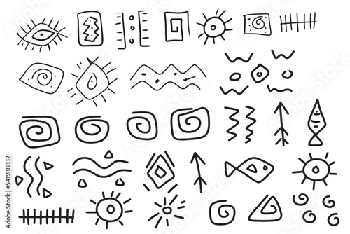  Hieroglyphs inscriptions black and white lines Mexico Maya Aztecs ancient inscriptions doodle sketch drawn by hand separately on a white background
