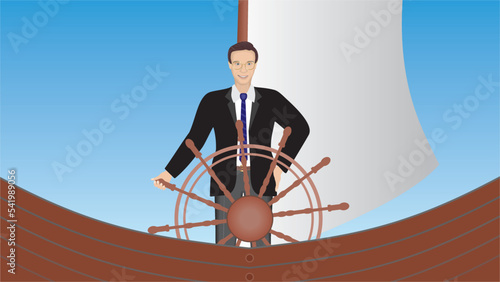 Man at steering wheel. Leadership, manager, capitain on boat. Vector illustration.