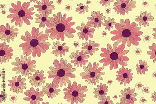 Cute retro flowers seamless repeat pattern. Random placed  irregular ditsy daisy millefleurs all over surface print in 70s style.