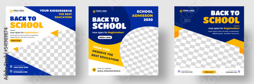 School admission social media post banner design. back to school social media post banner design set. Back to school admission promotion banner. school admission template for social media ad.