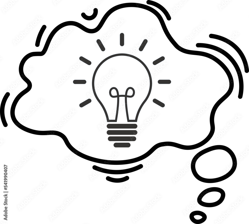 Light bulb and speech bubble hand drawn doodle style. Light bulb thinking concept icon. Light bulb and speech bubble hand drawn doodle style. Light bulb thinking concept icon.