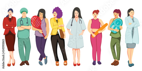 International women's day. Group of women with various occupations. Vector