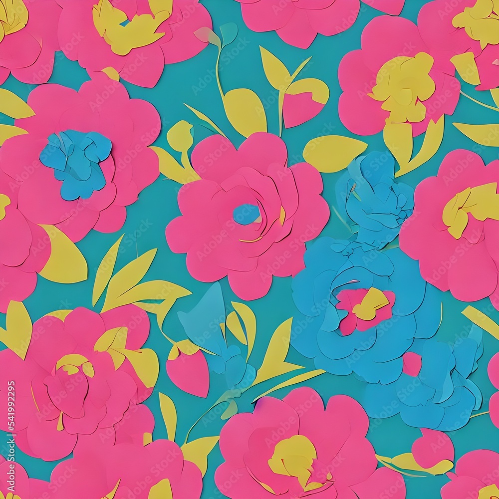 Obraz premium I am looking at a piece of art that consists of many different colors of paper put together to create flower shapes. Some flowers are big, and some are small; some have lots of petals, and some have o