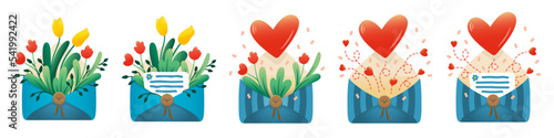 Vector colorful bright illustrations set of 5 envelope postcards with a letter, tulips, flowers, leaves, hearts for March 8 or Valentine's Day