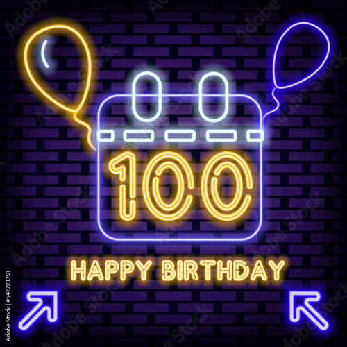 100th Happy Birthday 100 Year old Badge in neon style. Glowing with colorful neon light. Light art. Isolated on black background. Vector Illustration