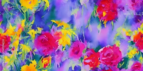 A colorful array of flowers in different shades of red, pink, and purple are delicately painted on the canvas. Some blooms are open while others remain buds, waiting to bloom. The bouquet is tied toge