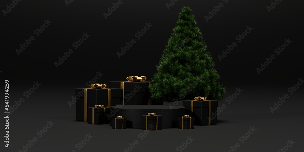 Background 3d rendering for Christmas and new year with gold and black colors Background. Gift box and circle podium on gold and black colors. 3D illustration background.