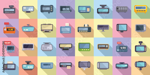 Taximeter icons set flat vector. Auto trip. Taxi button