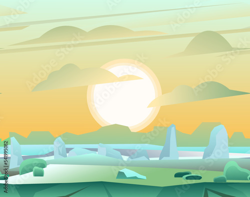 Sunrise in arctic ice and glaciers. Winter landscape. Harsh cold nature. Snow and ice frost. Cartoon fun style. Flat design. Vector