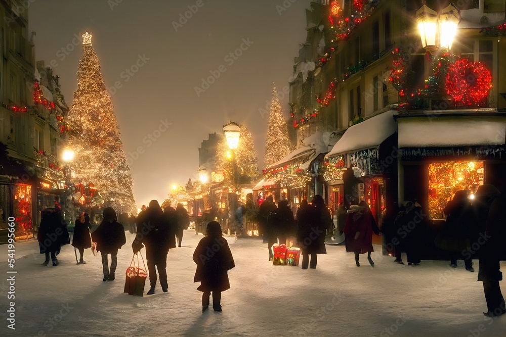 Christmas shopping street at winter day.Holiday fair,xmas market at night,main town square with people,kiosks and a Christmas tree.People walking and buying gifts in rush.Digital painting,artistic art