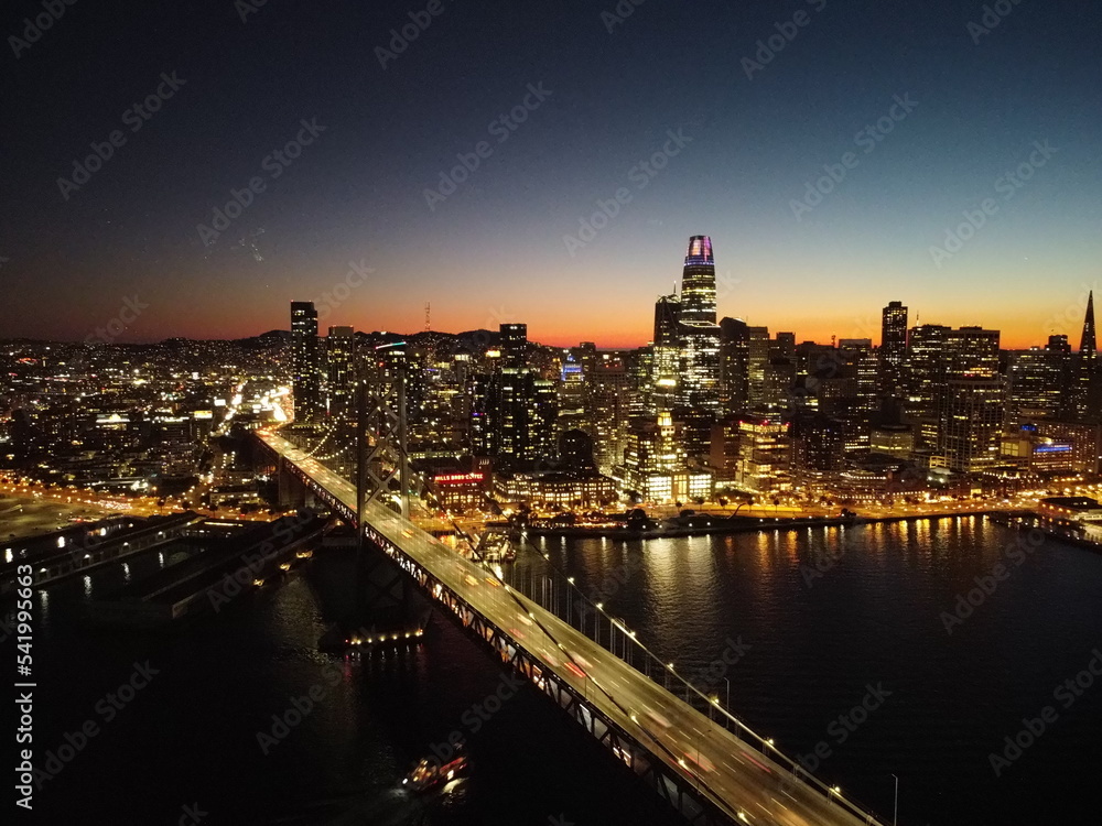 Bay Bridge in San Francisco at Night Aerial