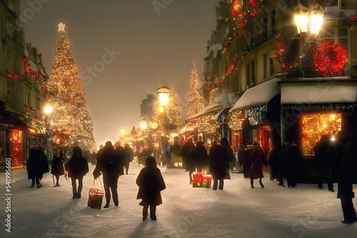 Christmas shopping street at winter day.Holiday fair,xmas market at night,main town square with people,kiosks and a Christmas tree.People walking and buying gifts in rush.Digital painting,artistic art