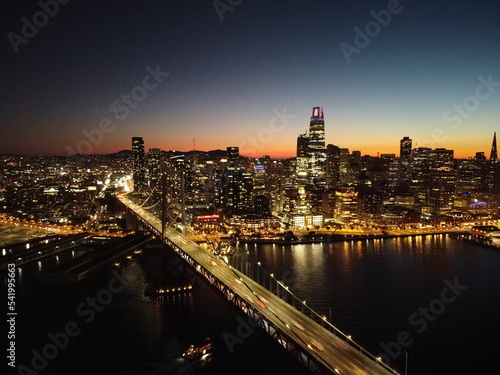 Bay Bridge in San Francisco at Night Aerial