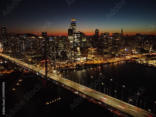 Bay Bridge in San Francisco at Night Aerial