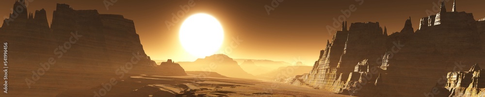 Landscape of Mercury at sunset, 3d rendering Landscape of Mercury at sunset, 3d rendering
