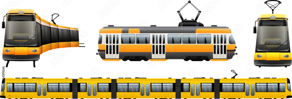 Tram car icons set cartoon vector. Tram trolley. Tramcar cable - obrazy, fototapety, plakaty 