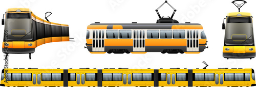 Tram car icons set cartoon vector. Tram trolley. Tramcar cable