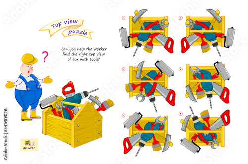 Logic puzzle game for children and adults. Can you help the worker find the right top view of box with tools? 3D maze. Page for brain teaser book. Developing spatial thinking. IQ test. Play online.