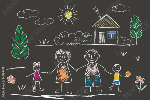 Family - little girl and boy holding hands with mother and father, House, sun, clouds, flowers, summer day. doodles are drawn by a child's hand with chalk on asphalt or on a school board.
