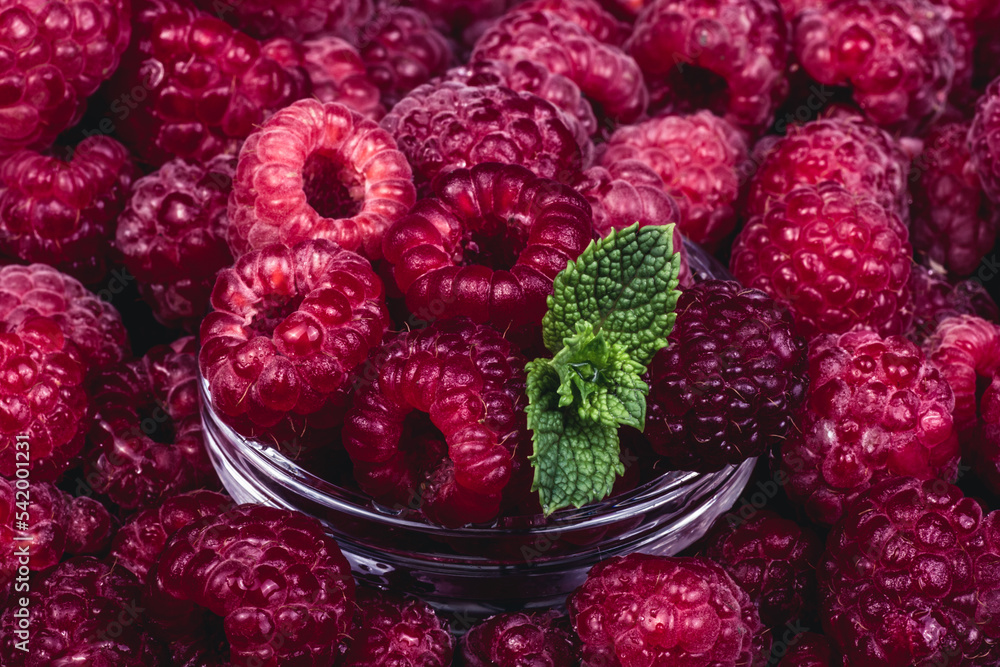 Bowl with fresh ripe raspberries closeup