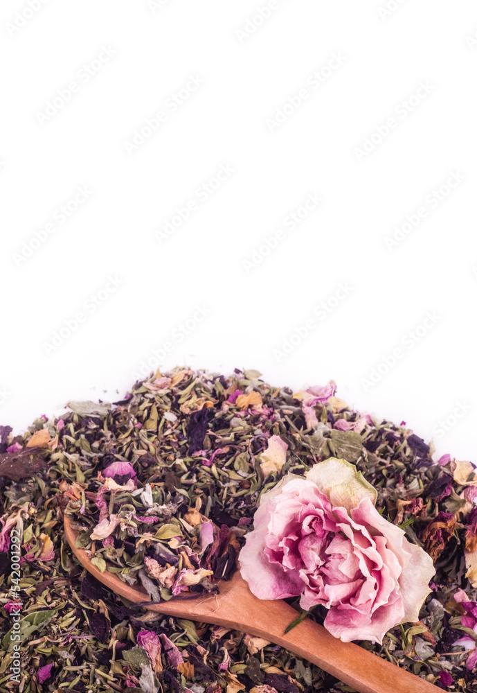 Green tea with rose petals and herbs copy spase