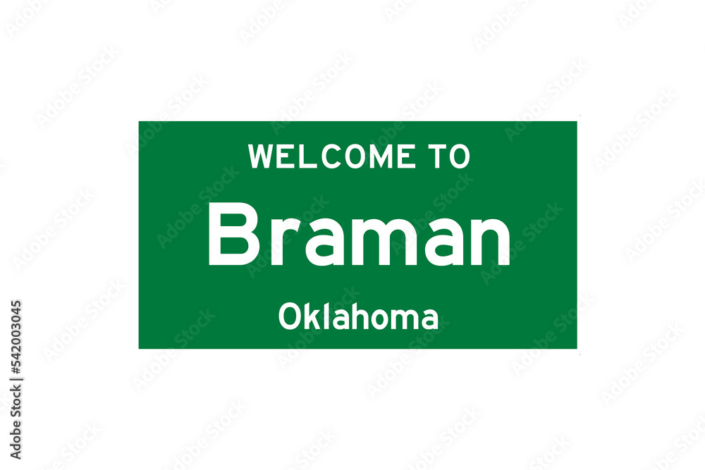 Braman, Oklahoma, USA. City limit sign on transparent background. Stock