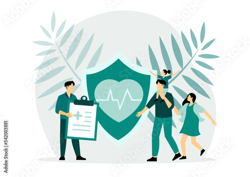 Family health and life insurance concept, flat vector illustration. Healthcare insurance policy and medical savings plan landing.