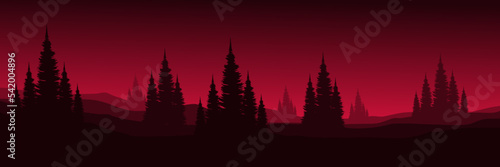 pine tree silhouette in sunset landscape vector illustration good for wallpaper, background, backdrop, banner, tourism, adventure and design template