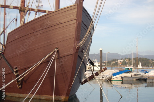 Reproduction of Christopher Columbus  Pinta caravel  docked in the port of Baiona in Galicia.