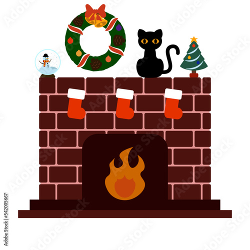 クリスマスで彩られた暖炉のイラスト