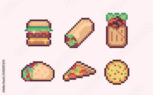 Shawarma, burger, pizza pixel art set. Fast food collection. Meat in bread, lavash. 8 bit sprite. Game development, mobile app.  Isolated vector illustration.