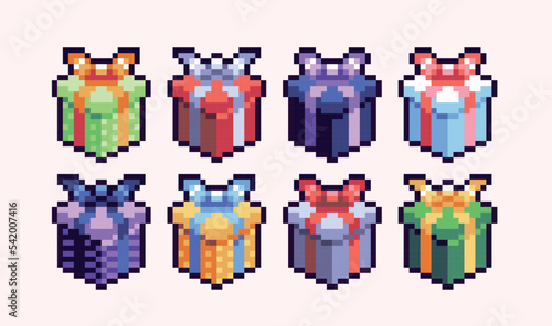 Colorful gifts pixel art set. Surprise package box collection. Wrapped present 8 bit sprite. Game development, mobile app.  Isolated vector illustration.