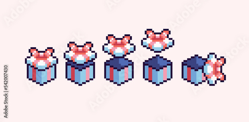 Open and closed gift pixel art set. Wrapped and unwrapped giftbox collection. Card package with red ribbon 8 bit sprite. Game development, mobile app.  Isolated vector illustration.