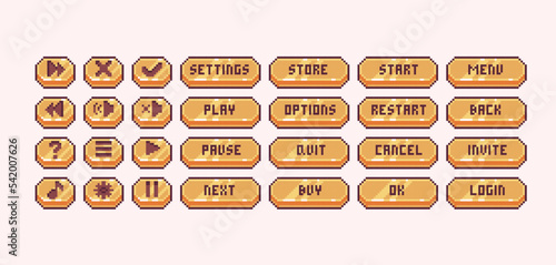 Golden shining buttons pixel art set. Yellow bright bar collection. Rich and luxury panel 8 bit sprite. Game development, mobile app.  Isolated vector illustration.