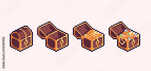 Open and closed chest full of gold and jewels pixel art set. Treasure box collection. 8 bit sprite. Game development, mobile app. Isolated vector illustration.
